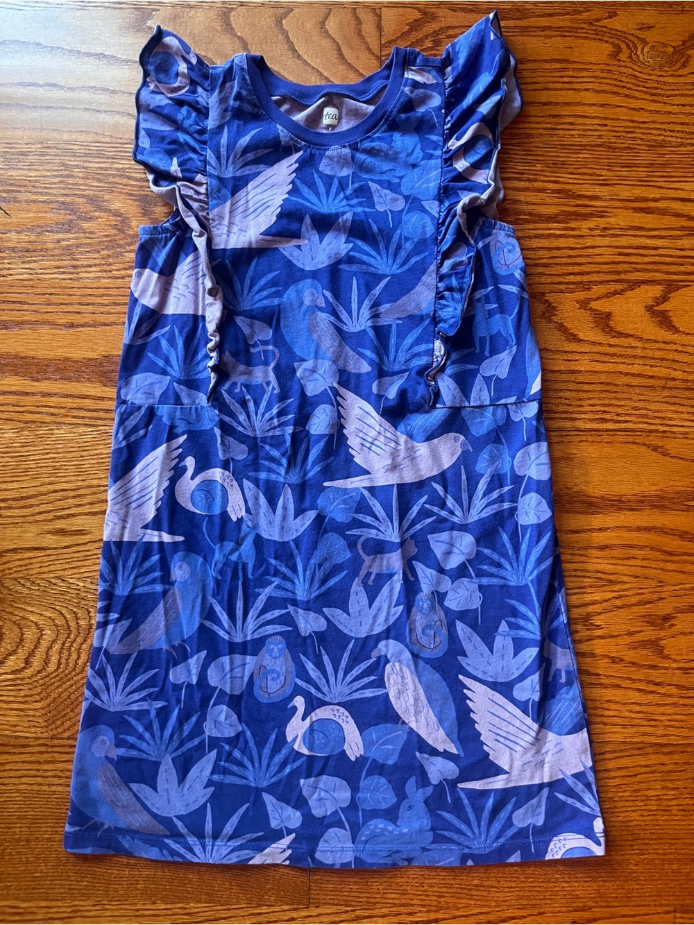 Tea Collection Blue Tropical Bird Ruffle Dress NWOT